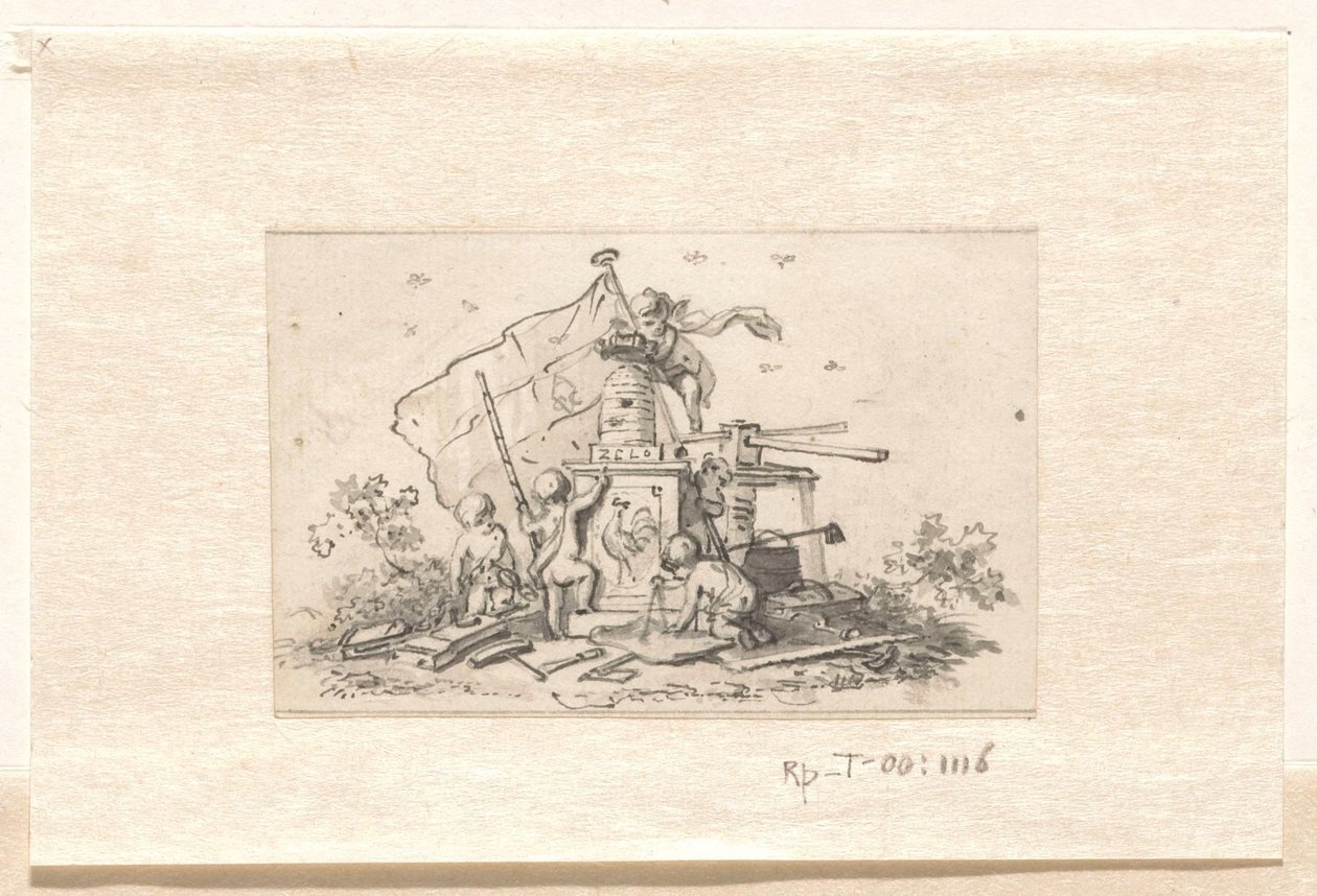 Putti bei Symbolen in Bezug auf die VOC, Kammer von Amsterdam und der französische Hahn von Jurriaan Andriessen