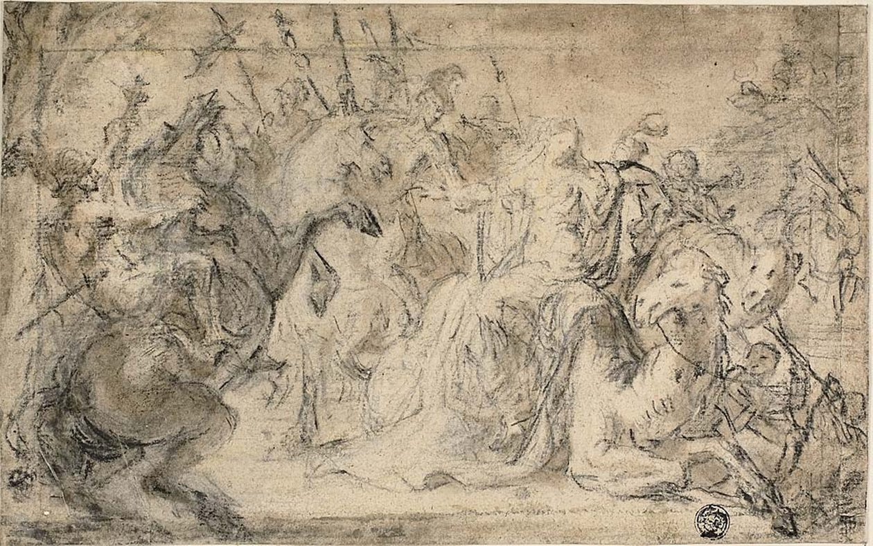 Zenobia umgeben von berittenen Soldaten von Justus van Egmont