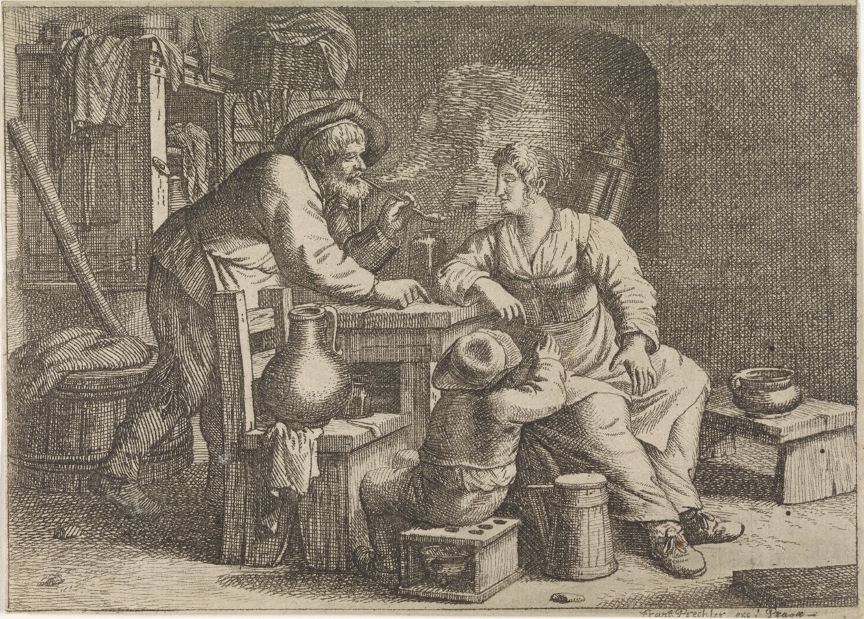 Interieur mit einem rauchenden Bauern, einer Frau und einem Jungen von Justus van den Nijpoort
