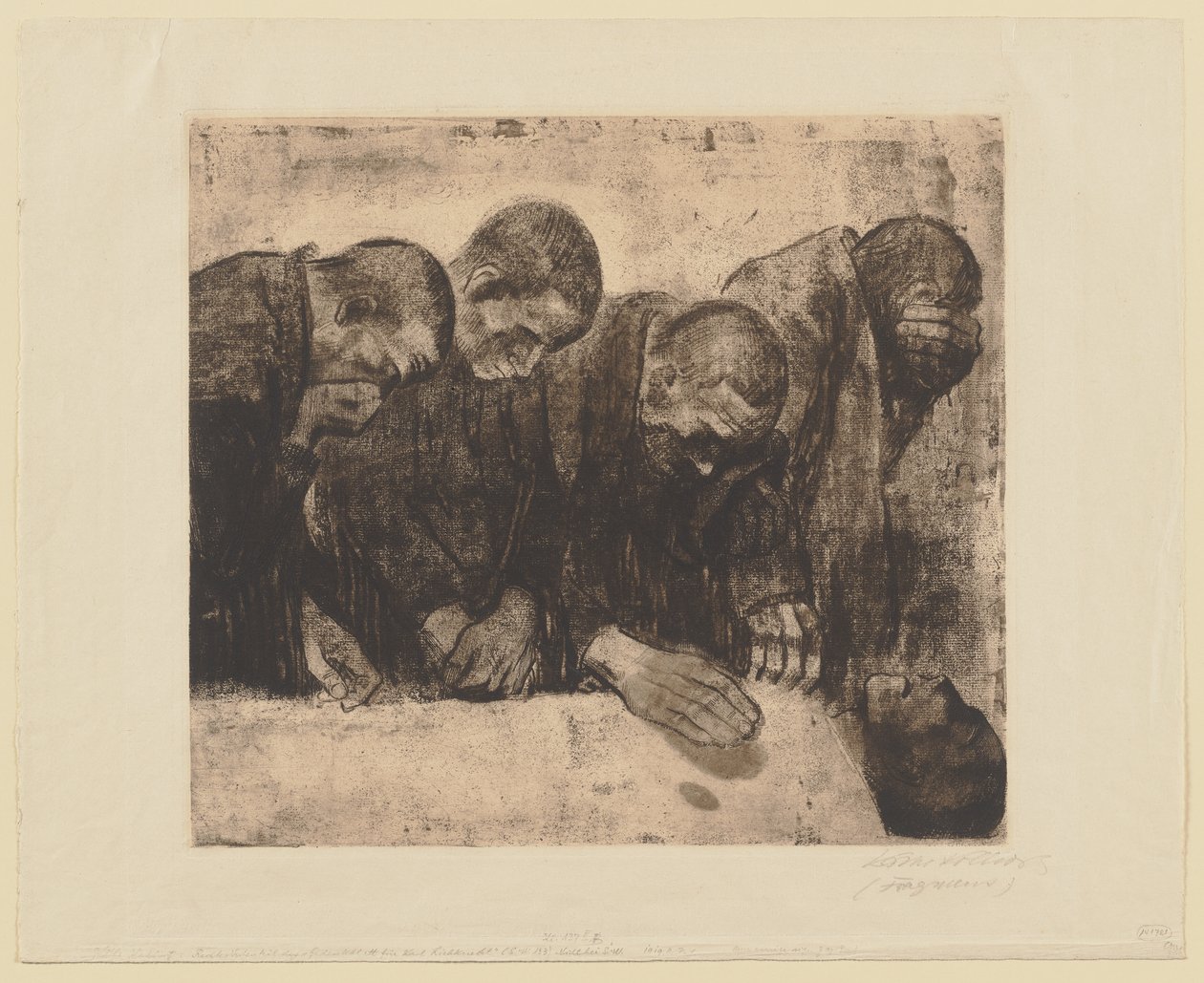 Die vier Figuren rechts der ursprünglichen Komposition „Gedenkblatt für Karl Liebknecht. Verworfene erste Fassung“ von Käthe Kollwitz