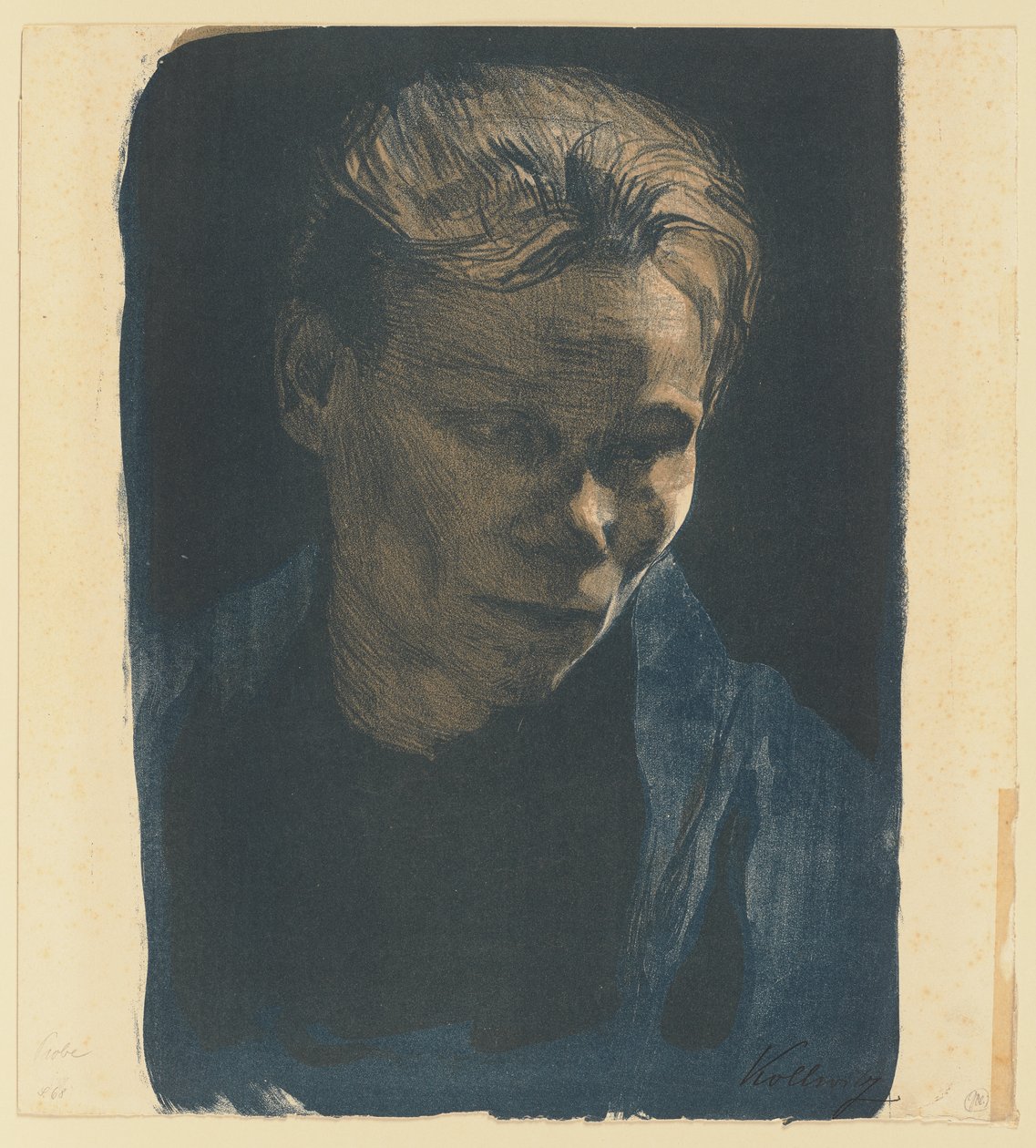 Halbfigurenporträt einer Arbeiterfrau mit blauem Schal von Käthe Kollwitz