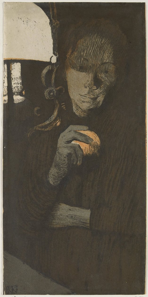 Porträt einer unbekannten Frau mit Orange bei einer Lampe von Käthe Kollwitz