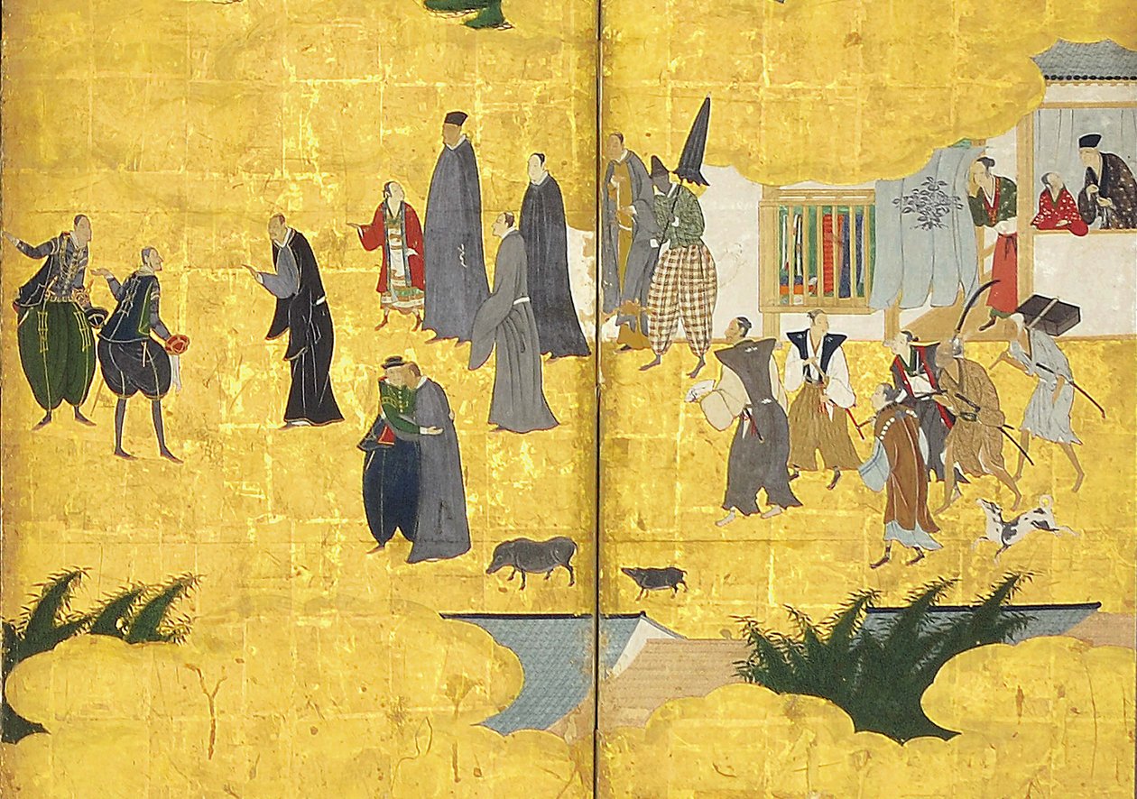 (Detail) Die südlichen Barbaren kommen zum Handel, Paar von sechsteiligen Bildschirmen, frühes 17. Jahrhundert von Kano Naizen