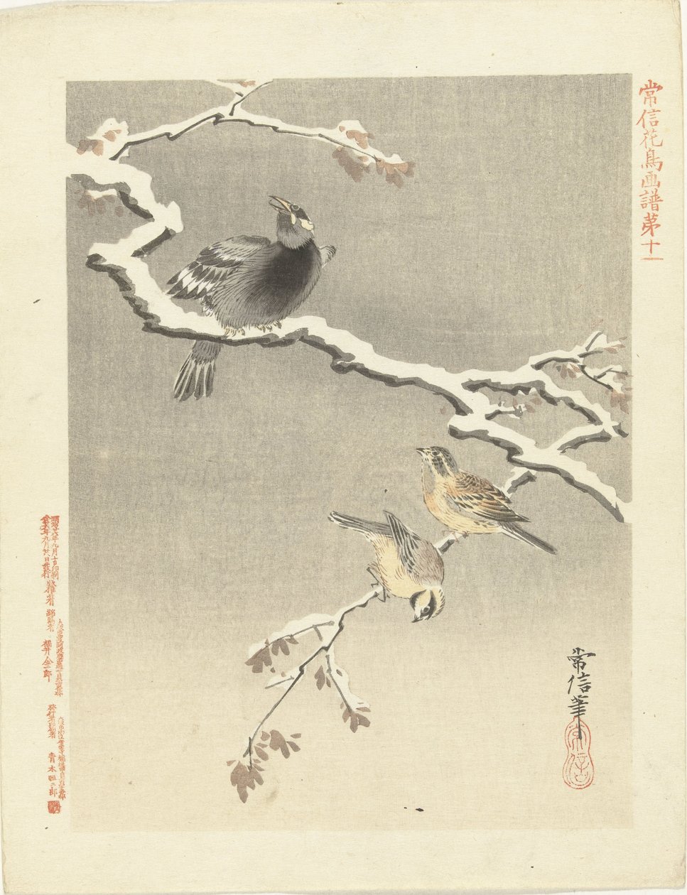 Drei Vögel auf verschneitem Ast von Kano Tsunenobu
