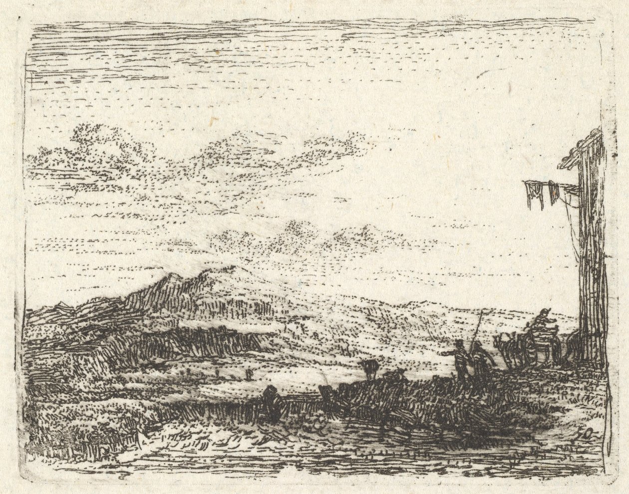 Landschaft mit Gebäudeecke und Markise ganz rechts, zwei Figuren und ein Pferd, ca. 1641-78 von Karel Du Jardin