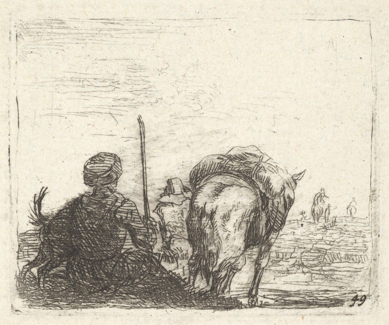 Packpferd, sitzender Mann mit Stab in der rechten Hand und Hund, alle von hinten gesehen, ca. 1641-78 von Karel Du Jardin