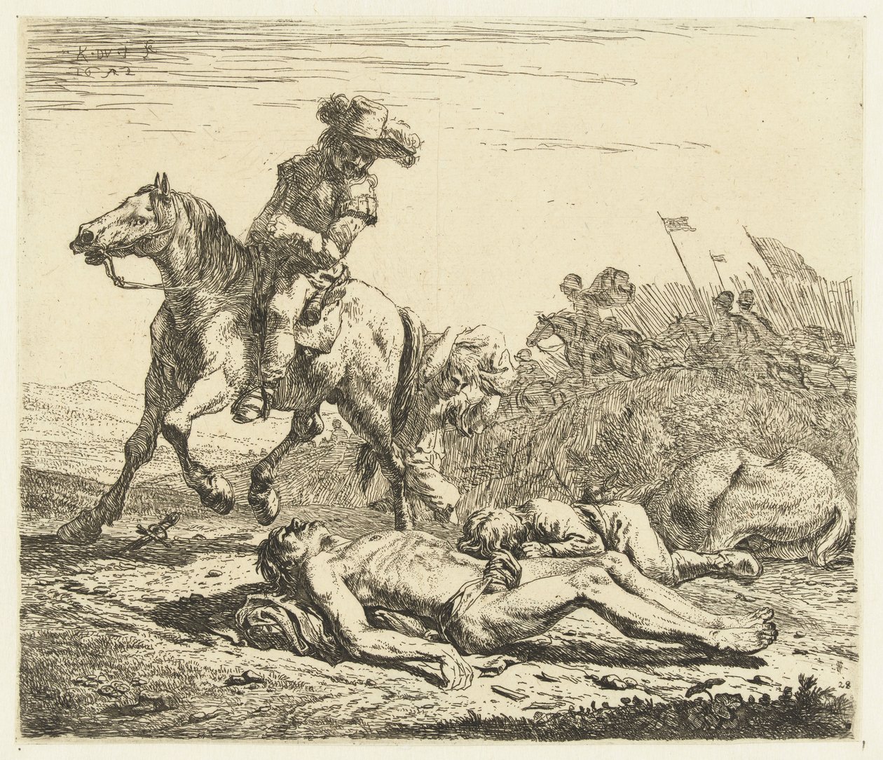 Schlachtfeld mit Soldat zu Pferd und zwei Toten von Karel Du Jardin