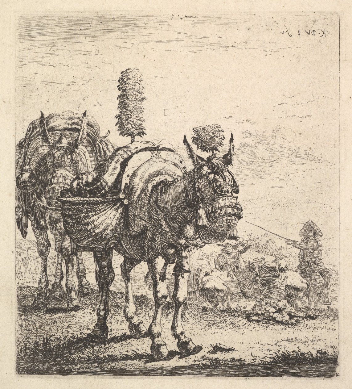 Zwei Maultiere mit Körben und ausgestattet mit Scheuklappen, Federn und Quasten, ein Maultier..., ca. 1641-78 von Karel Du Jardin