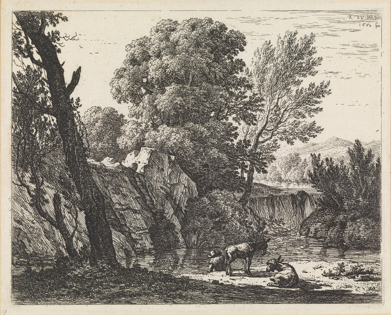 Landschaft mit Mann und zwei Eseln von Karel Dujardin