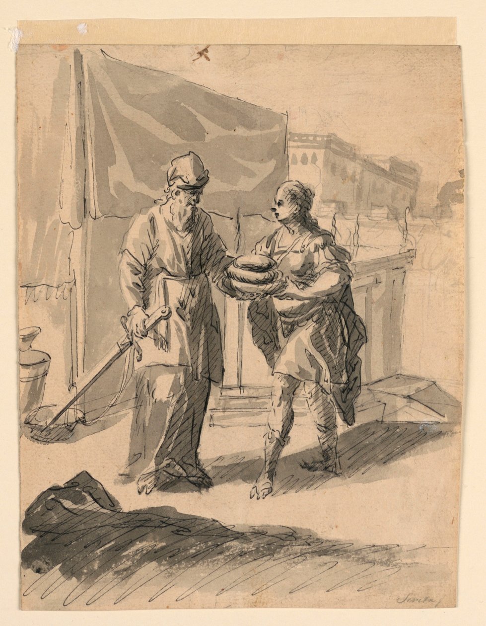 Zeichnung, Figur, die einem General Brote überreicht, ca. 1650 von Karel Škréta