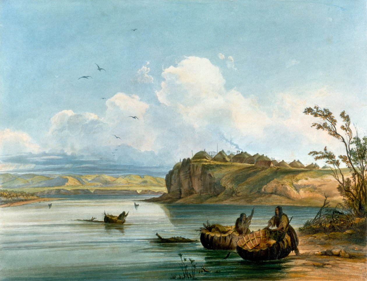 Mandan-Indianerinnen überqueren den Missouri River auf Booten aus Büffelhaut, Indianische Zivilisation, Vereinigte Staaten von Karl Bodmer