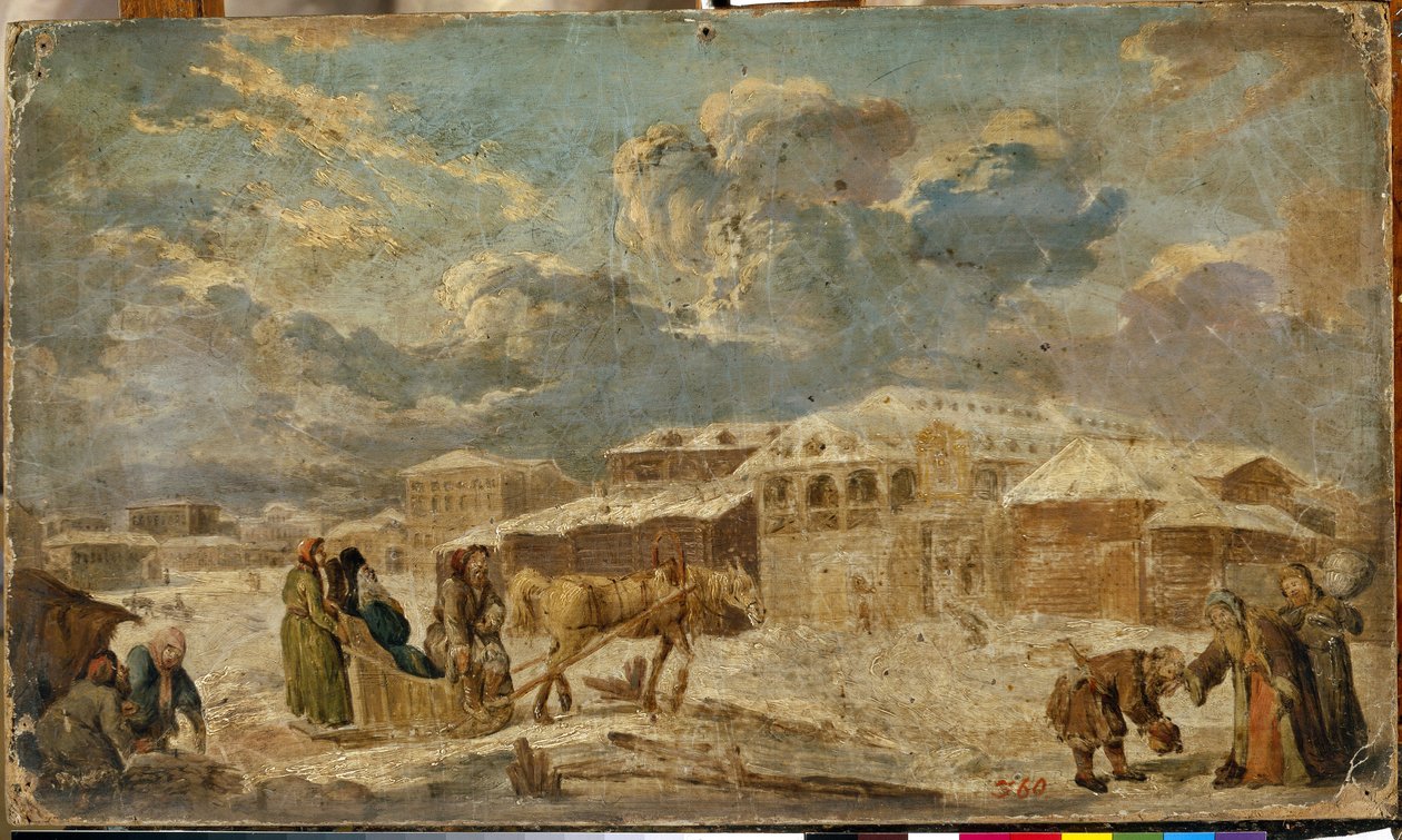 Stadtplatz im Winter (Sankt Petersburg). Stadtlandschaft mit Gebäuden und Holzhäusern - Gemälde von Karl Friedrich Knappe (1745-1808) von Karl Friedrich Knappe