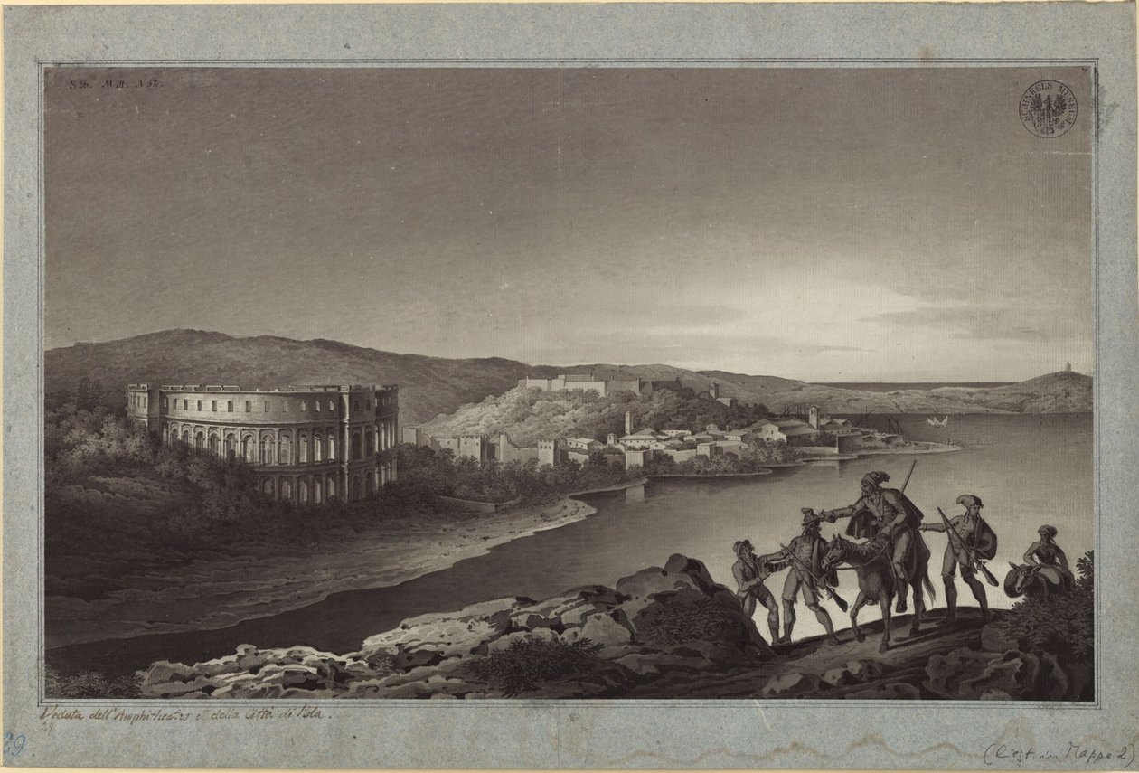 Ansicht des Amphitheaters und der Stadt Pola in Istrien von Karl Friedrich Schinkel