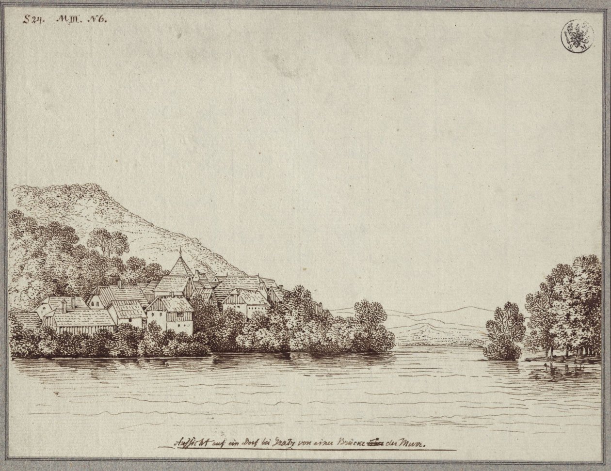 Ansicht eines Dorfes bei Graz von einer Brücke der Mur von Karl Friedrich Schinkel