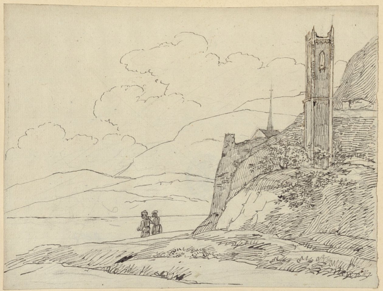 Berglandschaft mit Turmruinen und Figuren von Karl Friedrich Schinkel