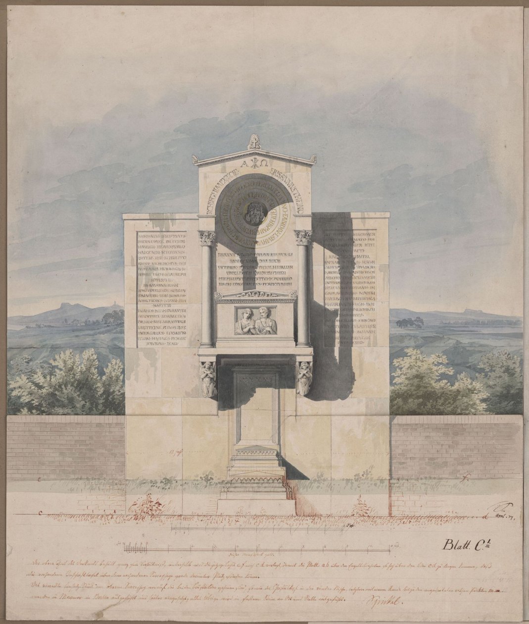 Bonn. Entwurf zum Grabdenkmal für Barthold Georg Niebuhr, mit dem Reliefbildnis des Ehepaares von Karl Friedrich Schinkel