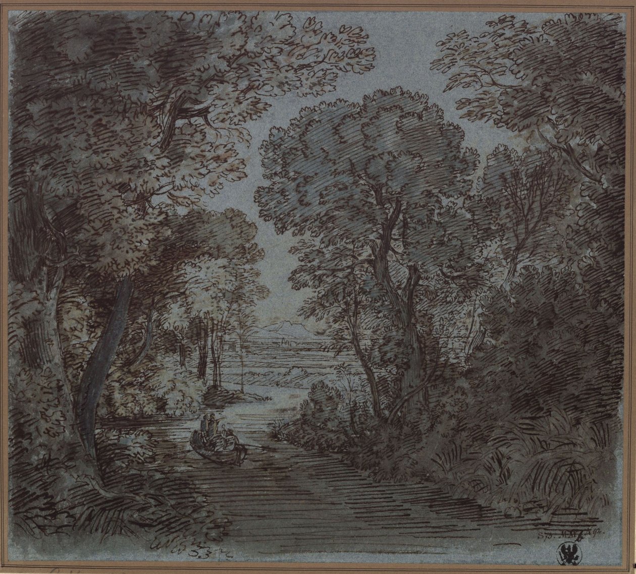 Ein Fluss unter Bäumen mit Aussicht auf einen Berg in der Ferne von Karl Friedrich Schinkel