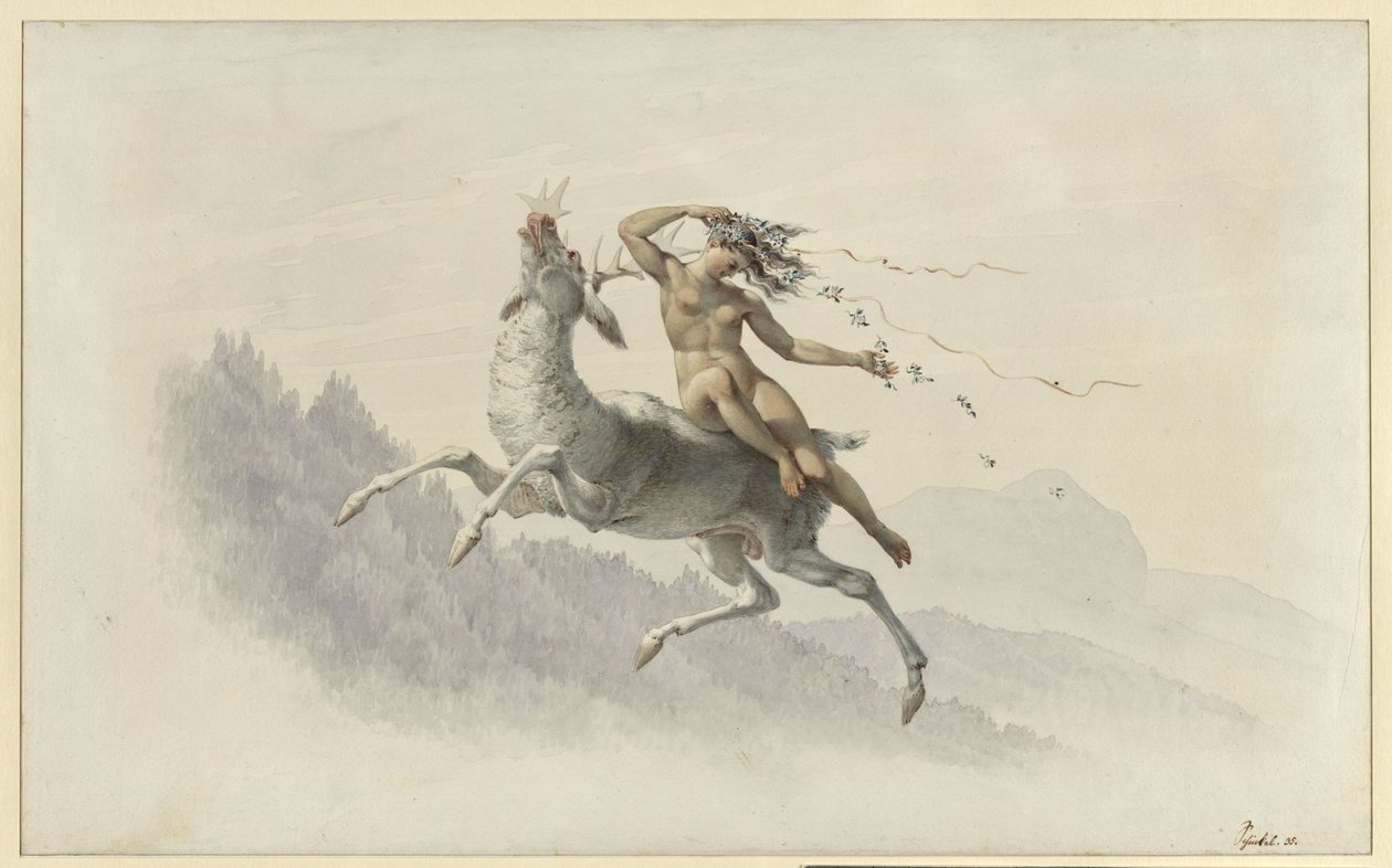 Frau auf einem durch die Luft schwebenden Hirsch von Karl Friedrich Schinkel