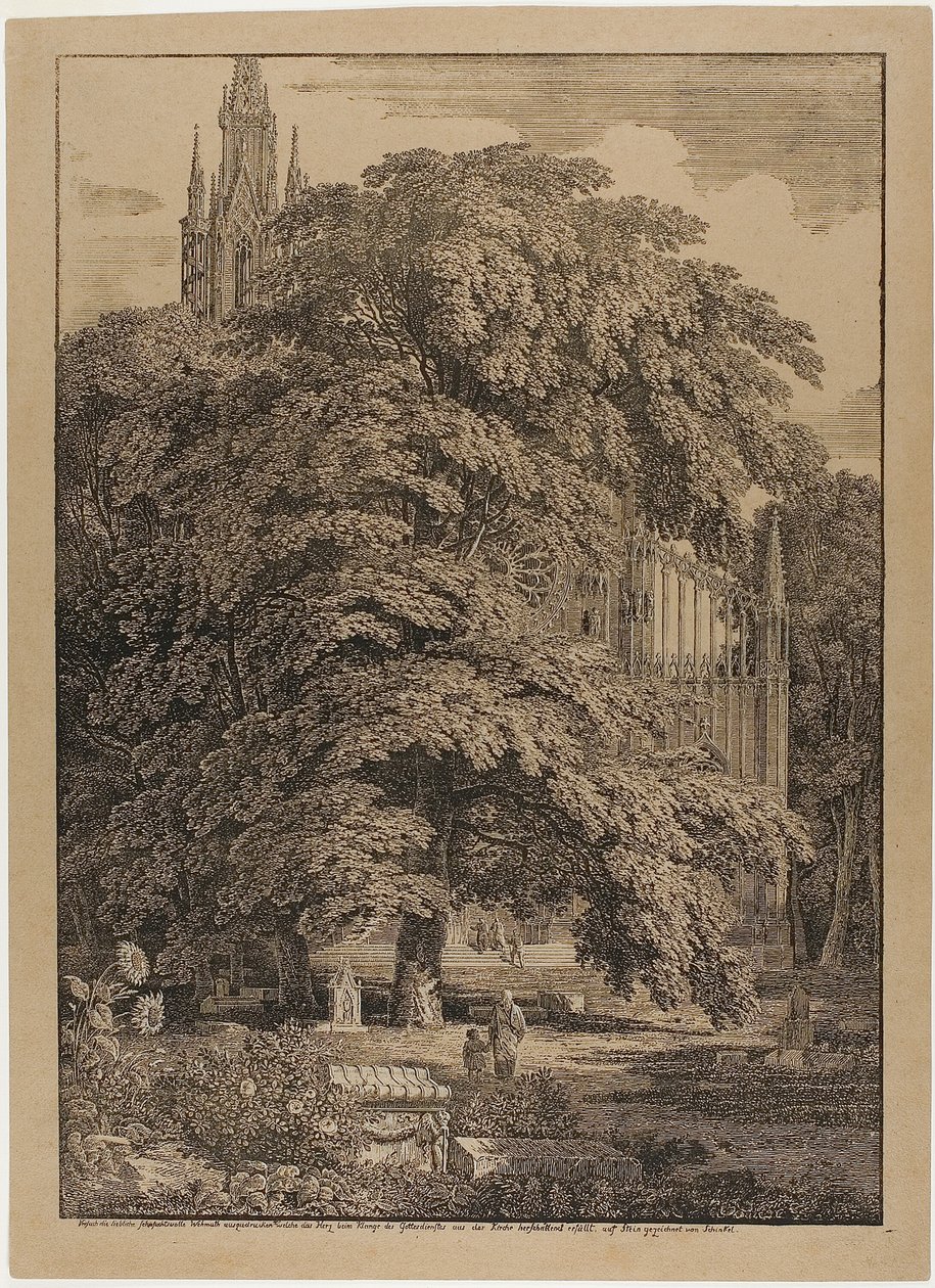 Gotische Kirche hinter einem Eichenhain mit Gräbern von Karl Friedrich Schinkel
