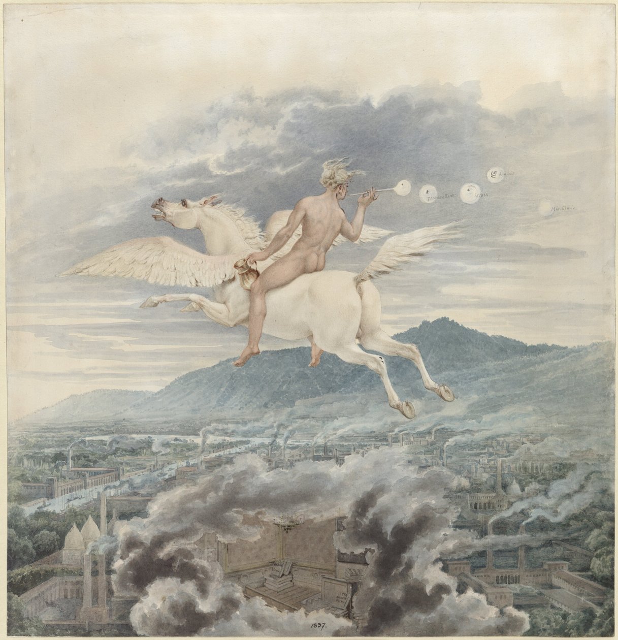 Weibliche Figur, die Seifenblasen bläst, als Allegorie von Christian Peter Wilhelm Beuth, reitet Pegasus über eine Industriestadt - 1837 von Karl Friedrich Schinkel