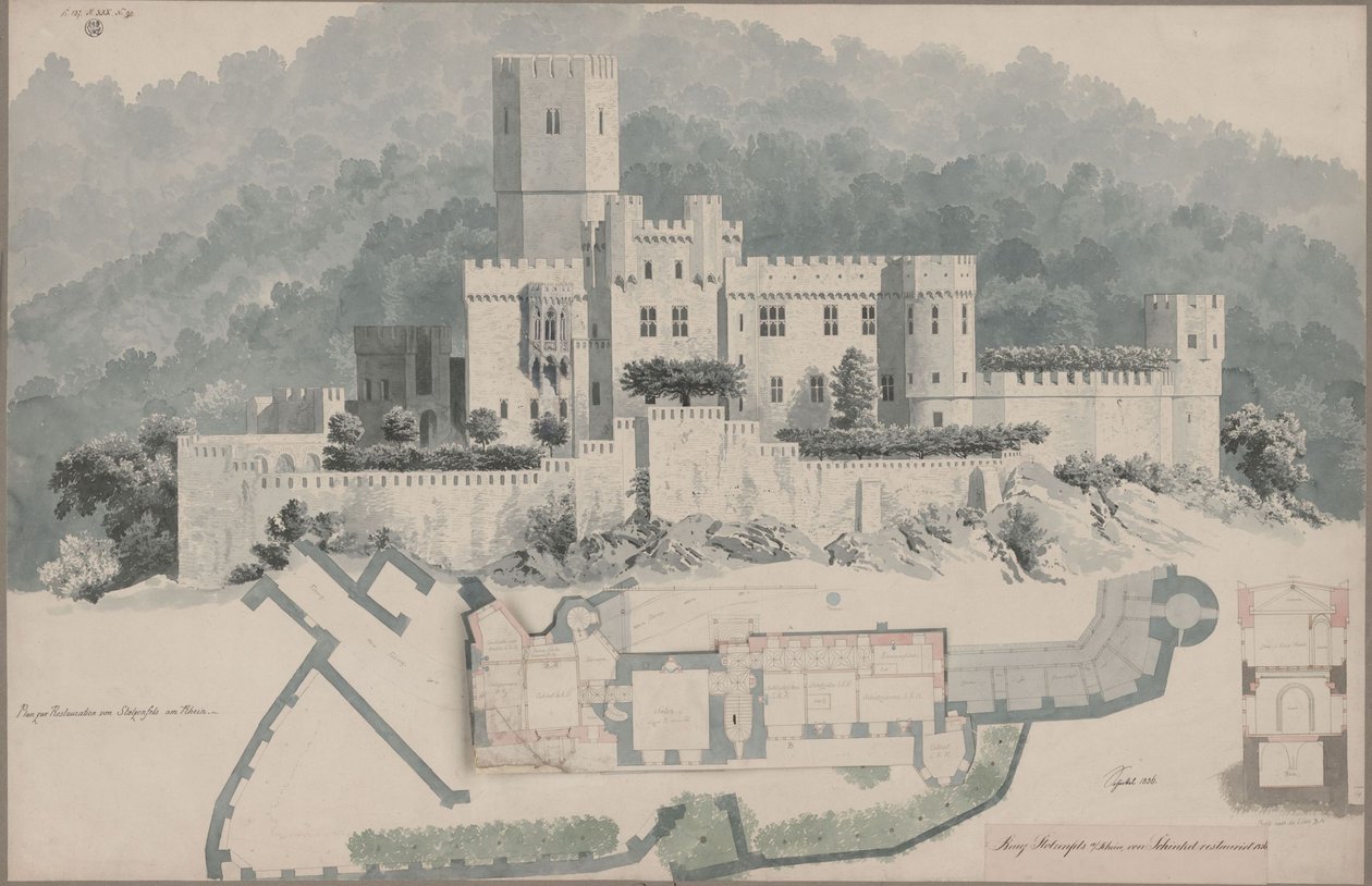 Koblenz. Ruine Stolzenfels. Grundriss des Obergeschosses und Ansicht von Karl Friedrich Schinkel