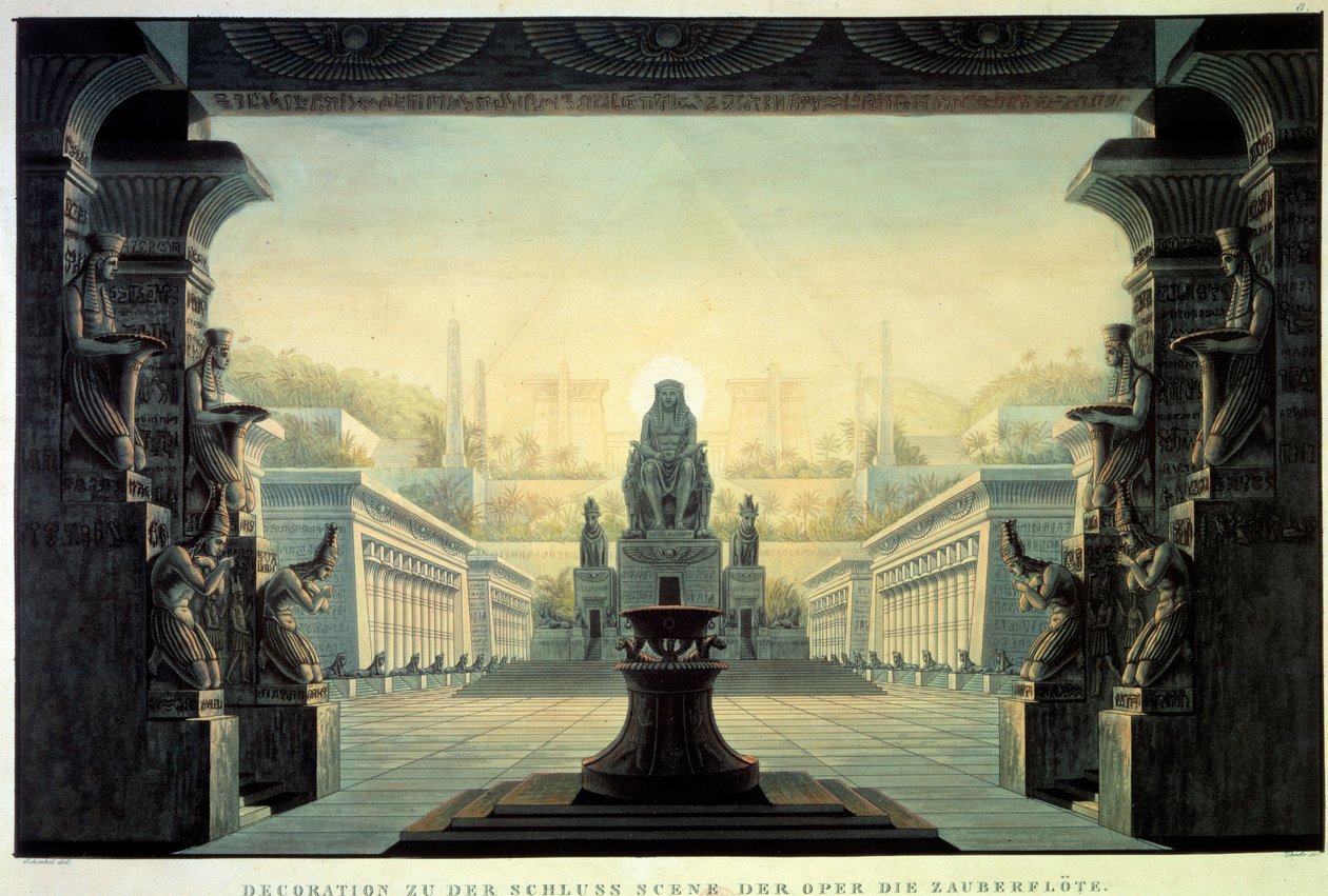 Theaterdekor: Dekor für die Oper „Die Zauberflöte“ von Wolfgang Amadeus Mozart, nach einem Libretto von Emanuel Schikaneder. Zeichnung von Karl Schinkel (1781-1841) von Karl Friedrich Schinkel