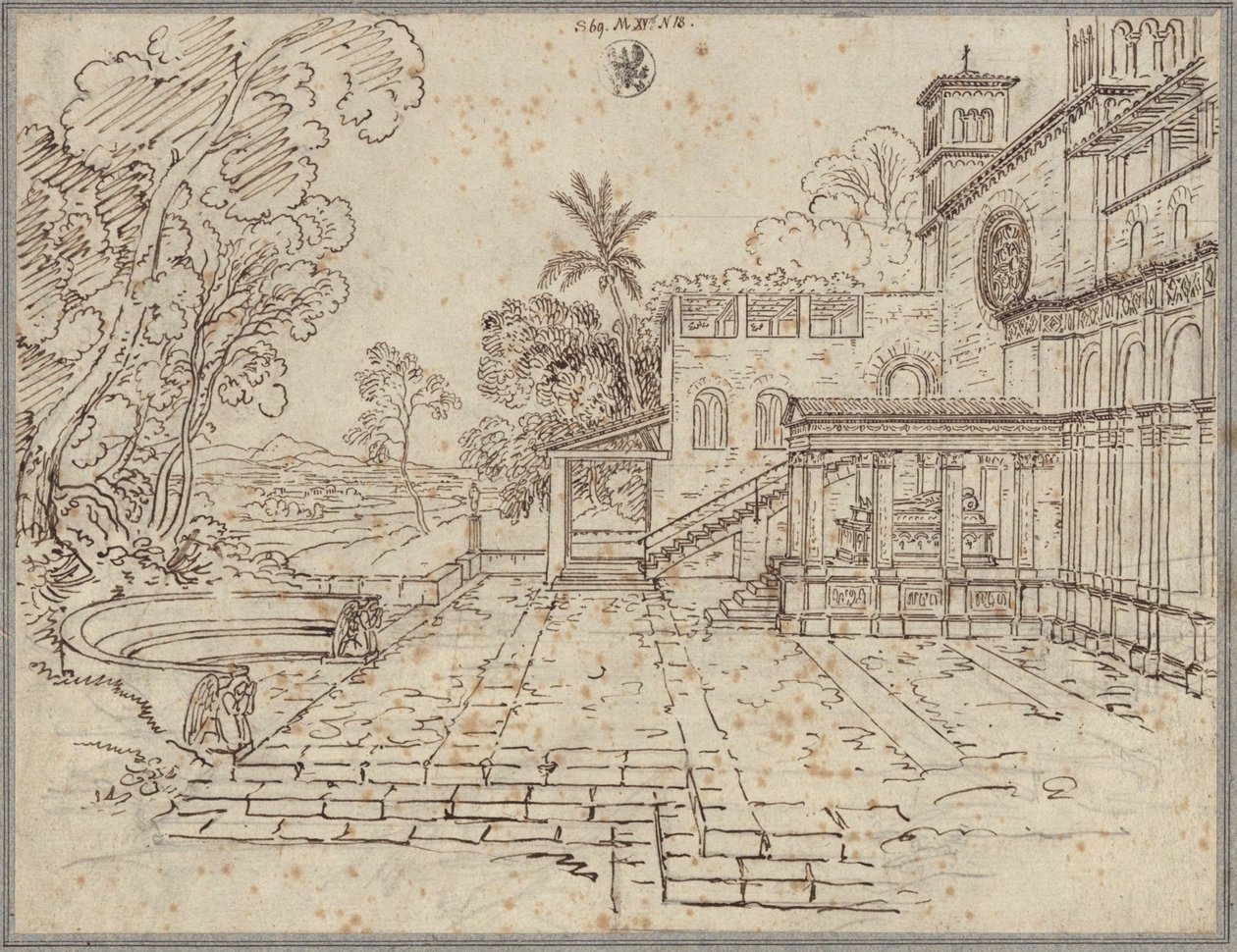 Vorplatz vor einer Kirche mit einem Monument von Karl Friedrich Schinkel