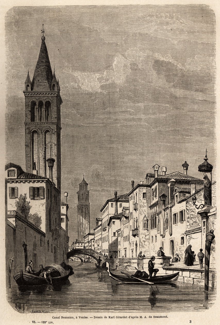 Der Rezonico-Kanal, Zeichnung von Karl Girardet (1813-1871), zur Illustration der Reise von Adalbert de Beaumont nach Venedig, um 1850. Gravur in „Le tour du monde“, herausgegeben von Edouard Charton. von Karl Girardet