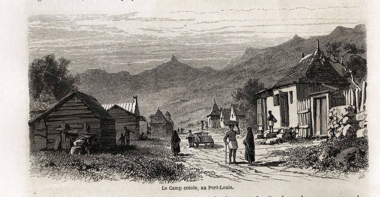 Das kreolische Lager in Port Louis, Zeichnung von Karl Girardet (1813-1871), zur Illustration des Aufenthalts von Alfred Verney auf Mauritius im Jahr 1861. Gravur in „Le tour du monde“, herausgegeben von Edouard Charton von Karl Girardet