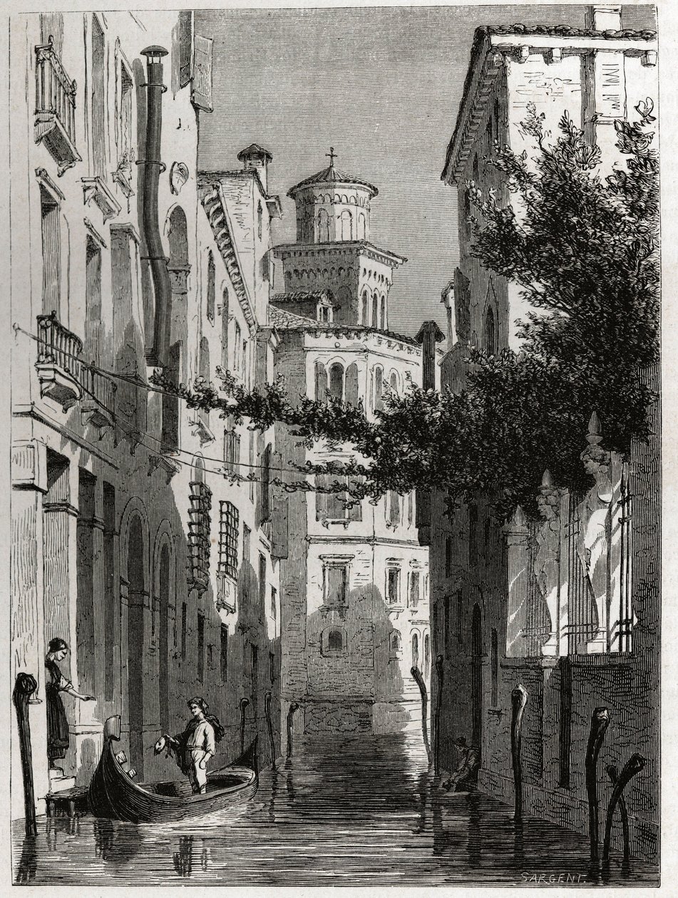Der Palast von Bianca Cappello in Venedig. Zeichnung von Karl Girardet (1813-1871), zur Illustration von Adalbert de Beaumonts Reise nach Venedig um 1850. Gravur in „Le tour du monde“, herausgegeben von Edouard Charton von Karl Girardet
