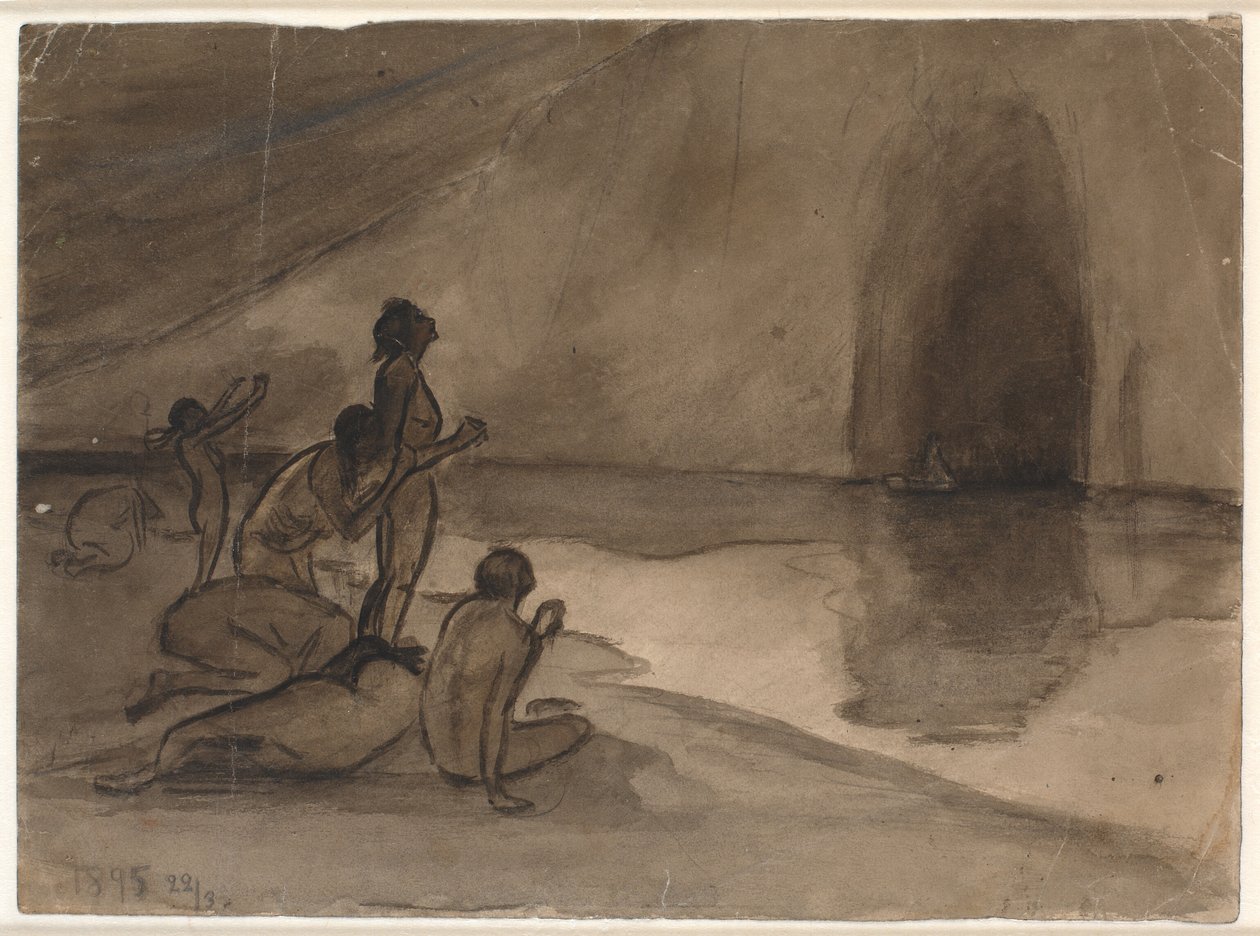 Nackte Menschen am Strand von Aurvangaland sehen das Boot mit Heimdal kommen von Karl Isakson