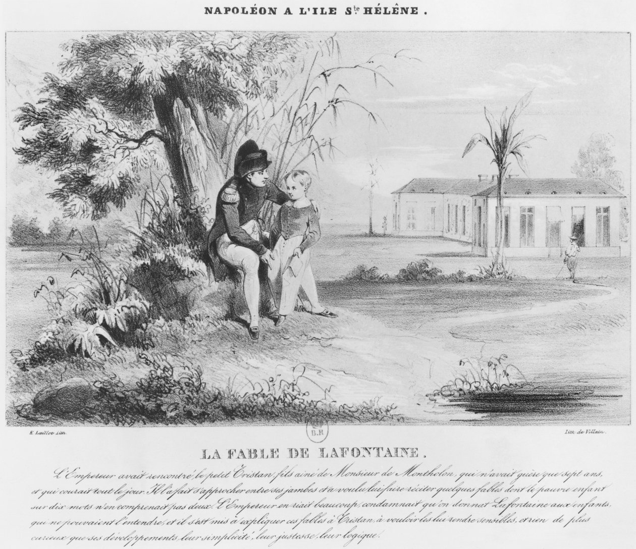 Napoleon I (1769-1821) auf der Insel St. Helena, erklärt die Fabeln von Jean de La Fontaine an Tristan de Montholon, graviert von Villain von Karl Loeillot Hartwig