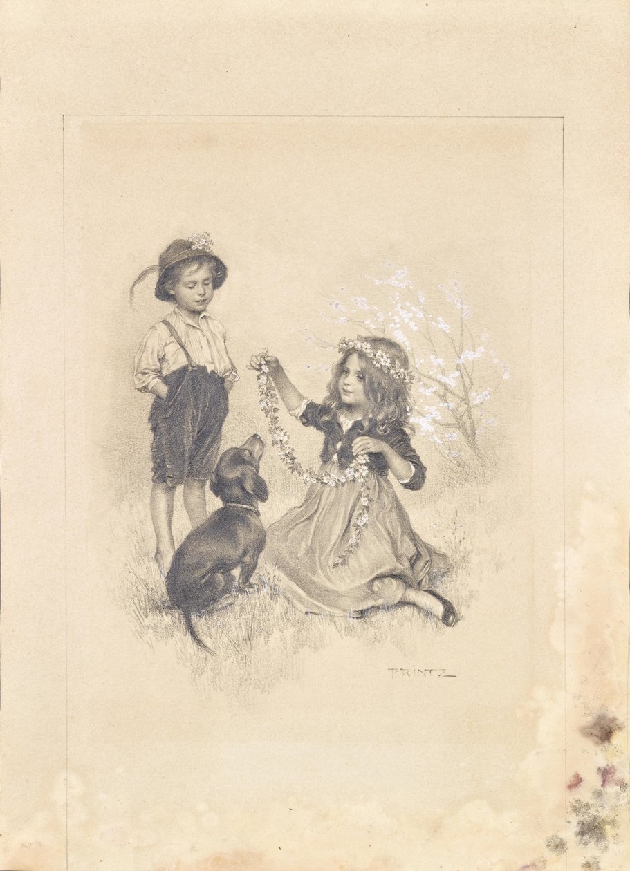 Zwei Kinder auf Wiese mit Blumen und Dackel spielend von Karl Ludwig Prinz