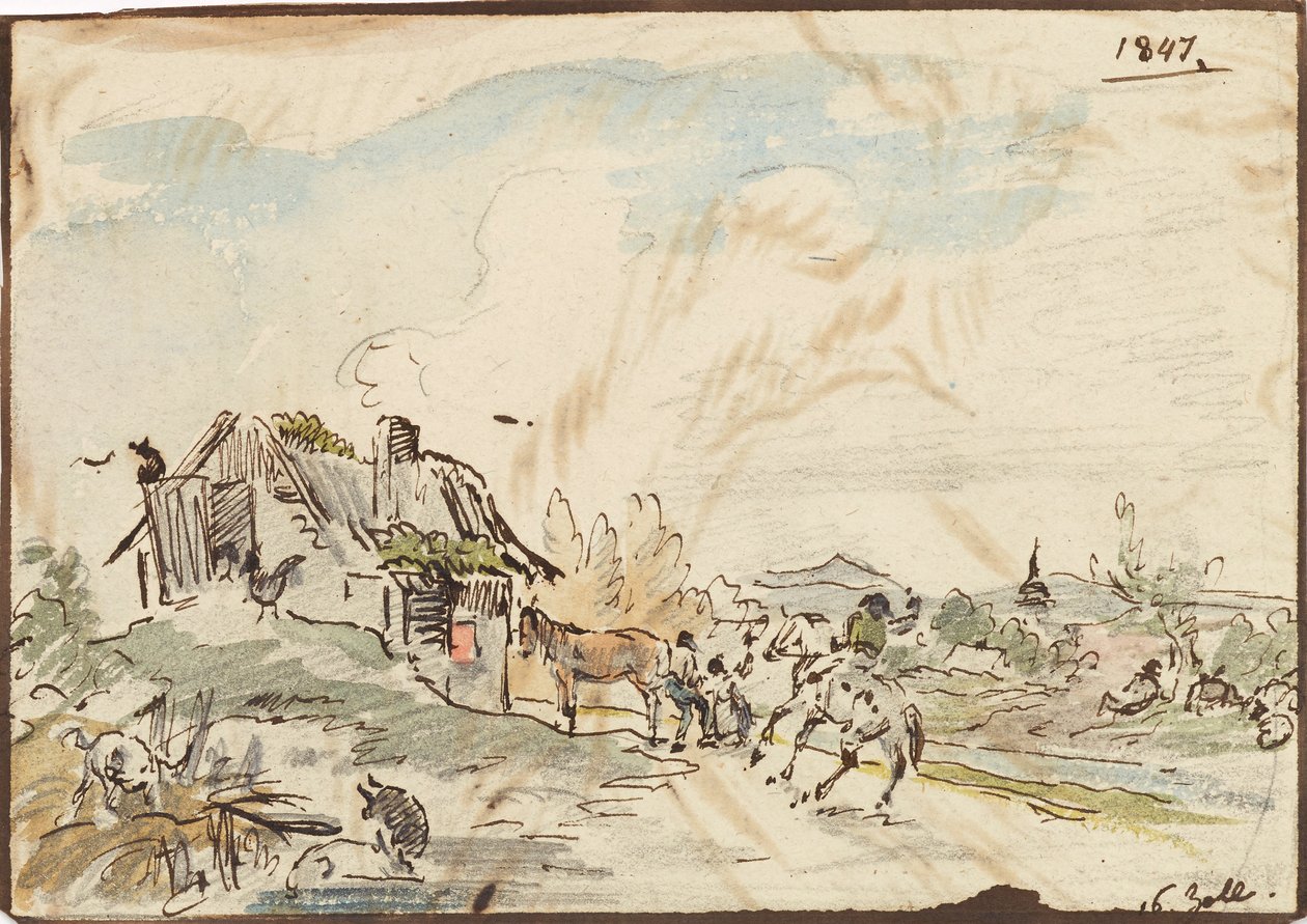 Ländliche Idylle, Bauernhaus mit Pferden von Karl Pischinger