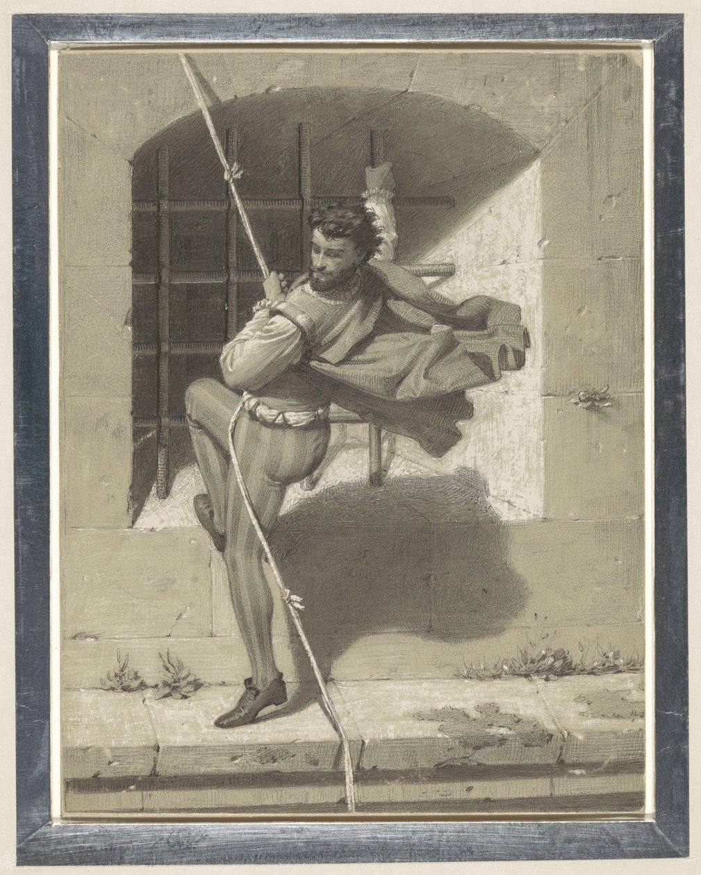 Benvenuto Cellini flieht aus der Engelsburg in Rom an einem Seil aus zusammengeknoteten Tüchern von Karl Theodor Piloty