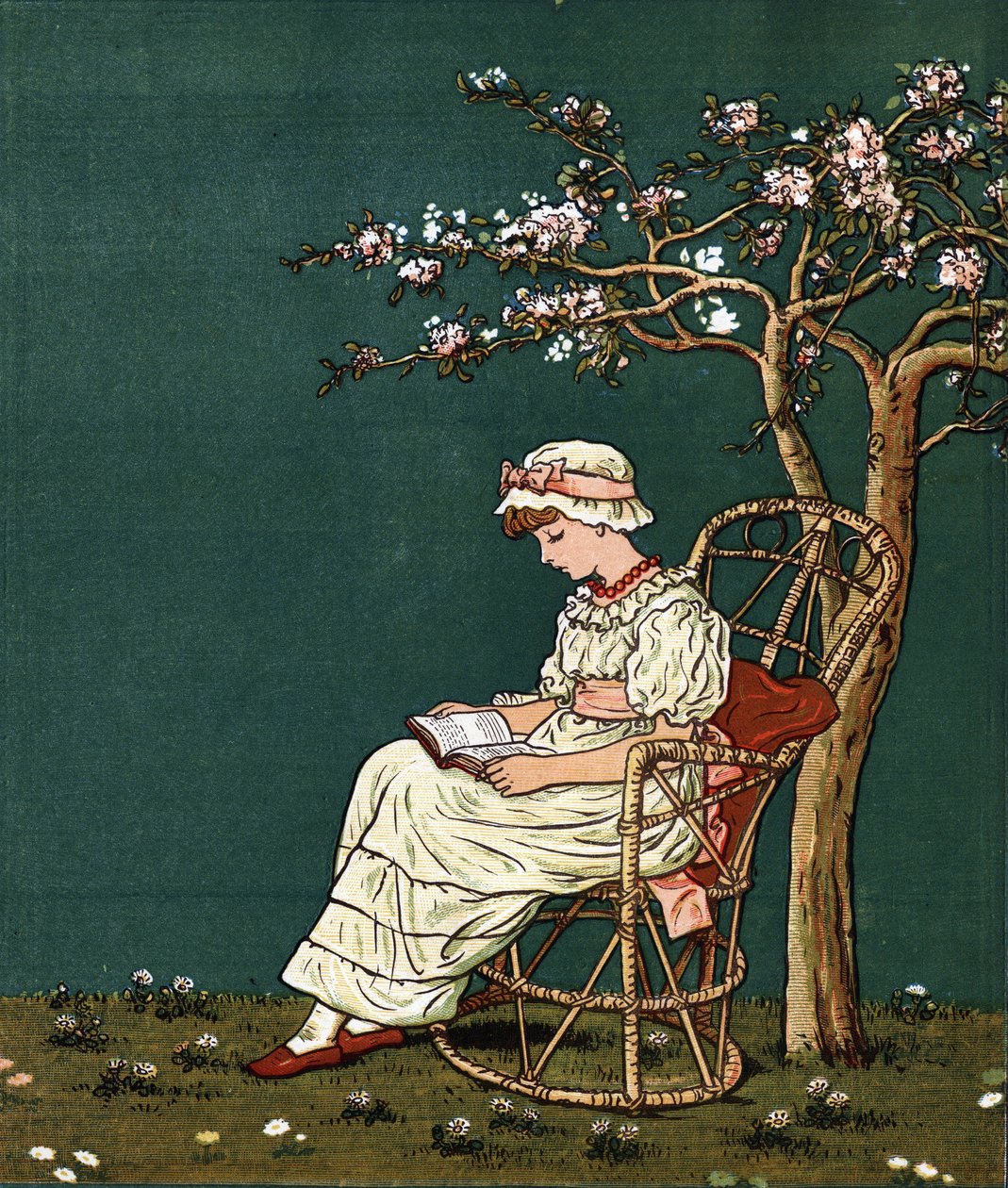 Ein kleines Mädchen liest unter einem Flieder. Illustration von Kate Greenaway (1846-1901) aus dem Buch der Märchen und Kinderreime "Unter dem Fenster" (1879), herausgegeben von Edmund Evans von Kate Greenaway