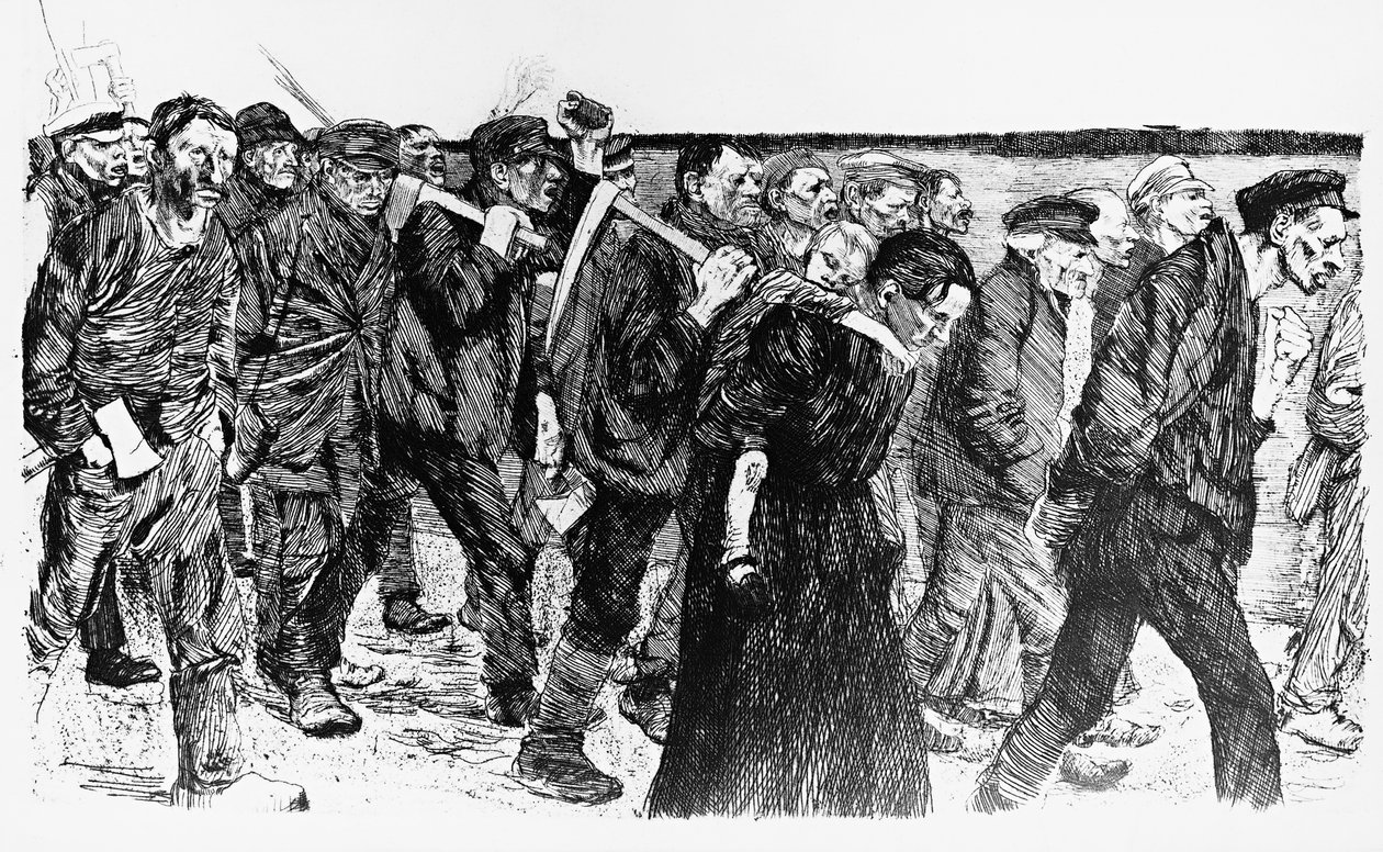 Demonstration der Arbeiter, Illustration von Kathe Kollowitz für die Oper Die Weber von Käthe Kollwitz