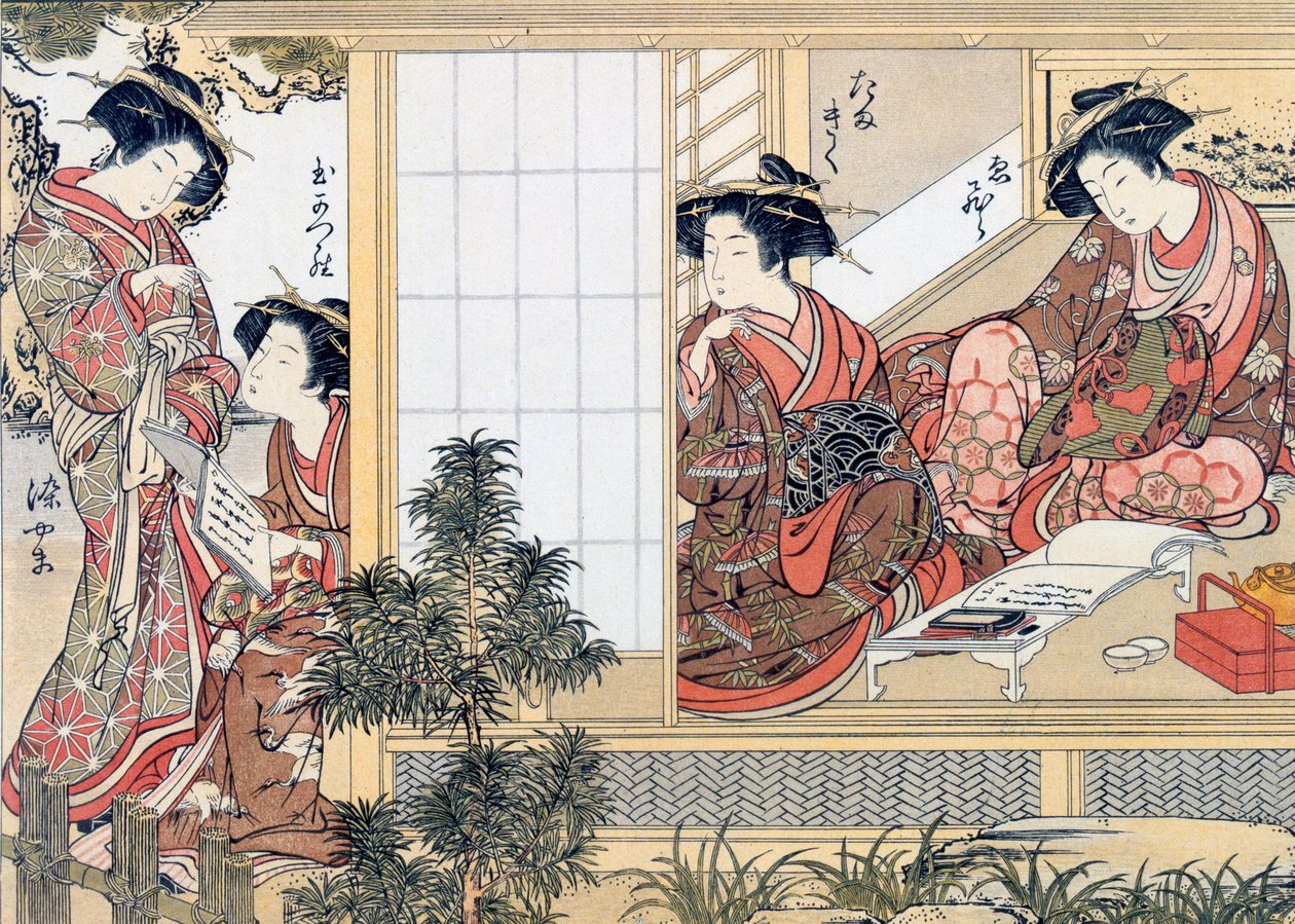 Japanische Frauen beim Lesen und Schreiben von Katsukawa Shunsho