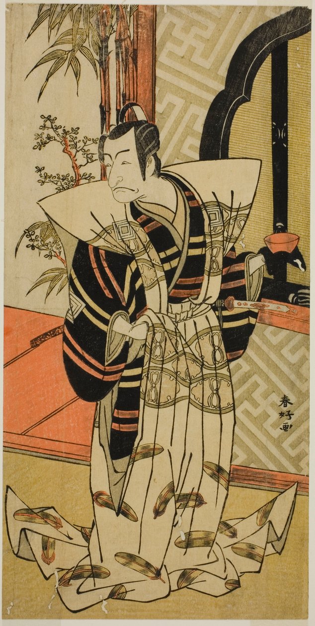 Der Schauspieler Ichikawa Danjuro V als Kajiwara Heiji (?) im Stück Hiragana Seisuiki (?), aufgeführt im Morita-Theater (?) im dritten Monat, 1776 (?) von Katsukawa Shunkо̄