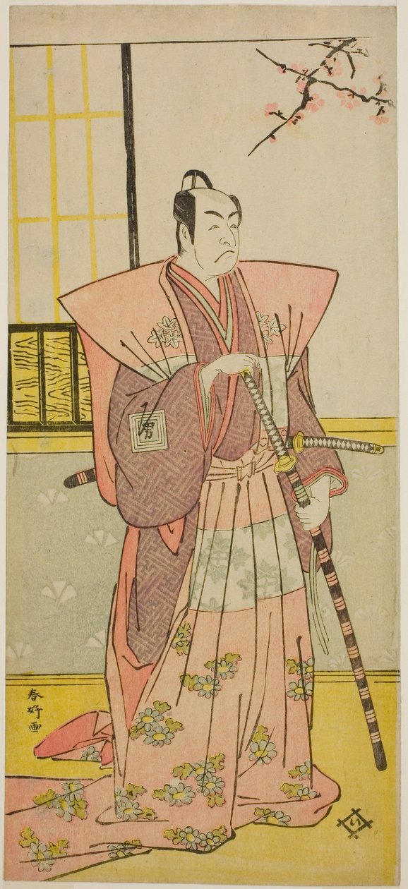 Der Schauspieler Ichikawa Omezo I als Koyurugi Motomenosuke im Stück Haru no Nishiki Date-zome Soga, aufgeführt im Nakamura Theater im ersten Monat, 1790 von Katsukawa Shunkо̄