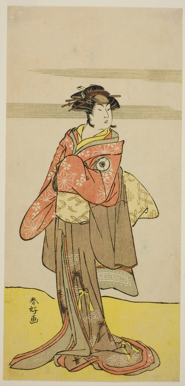 Der Schauspieler Iwai Hanshiro IV als Hitomaru verkleidet als Geisha Oshun im Stück Edo no Hana Mimasu Soga, aufgeführt im Nakamura-Theater im dritten Monat, 1783 von Katsukawa Shunkо̄