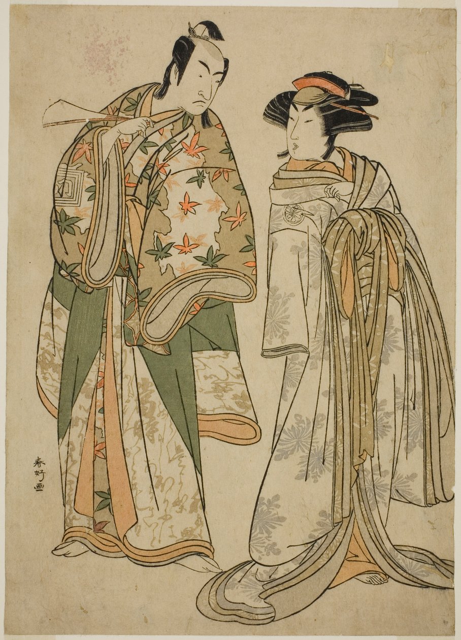Die Schauspieler Segawa Kikunojo III als Kurtisane Sumizome (rechts) und Ichikawa Monnosuke II als Goinosuke Yoshimine (links) im Stück Juni-hitoe Komachi-zakura, aufgeführt im Kiri-Theater im elften Monat, 1784 von Katsukawa Shunkо̄