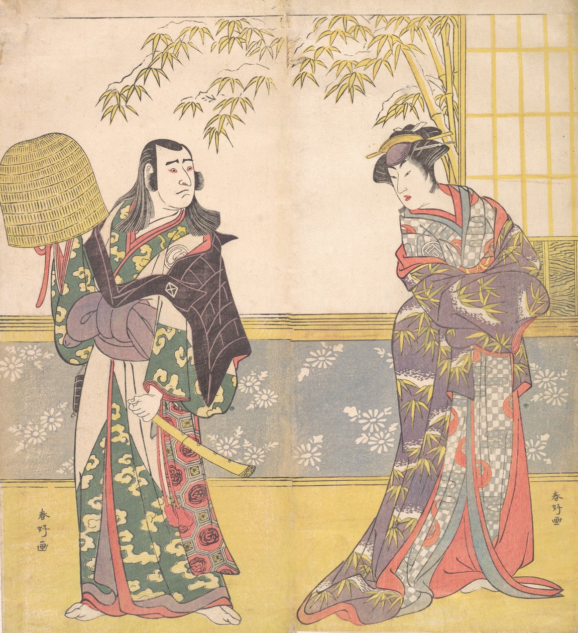Kabuki-Schauspieler Sawamura Sojuro III und Sanogawa Ichimatsu III in Einem Spiegel einer Kurtisane von Katsukawa Shunko