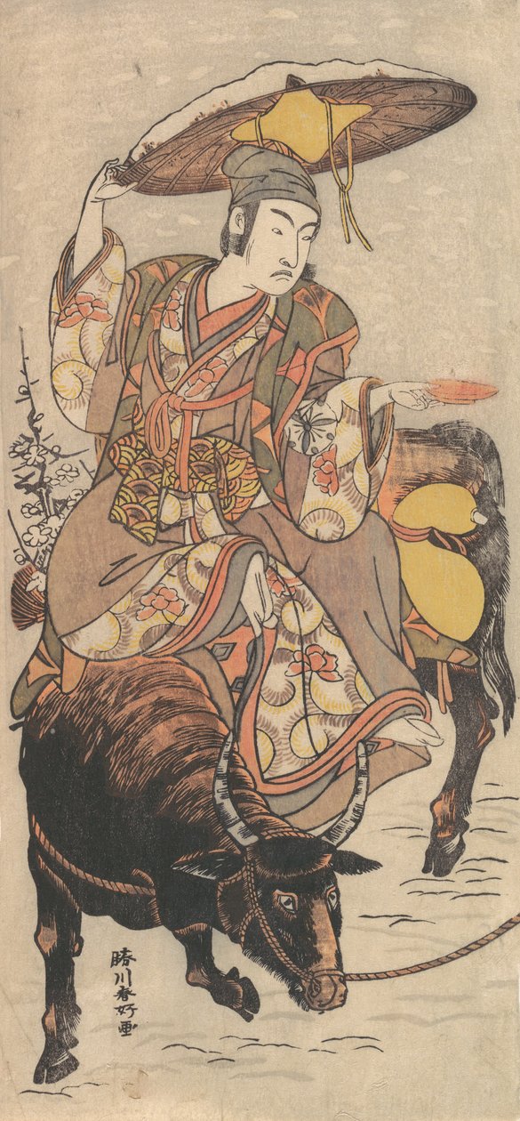 Der Schauspieler Matsumoto Koshiro IV auf einem Ochsen in einem Schneesturm, ca. 1790 von Katsukawa Shunko