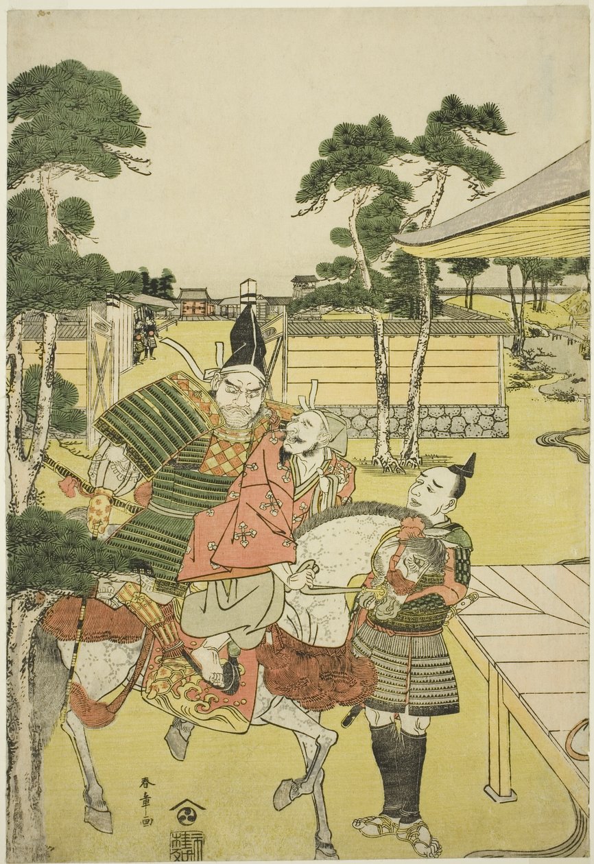 Musashibo Benkei bringt den gefangenen Tosabo Shoshun zu Yoshitsune im Stück Horikawa Youchi no Zu Uki-e Nimaitsuzuki von Katsukawa Shunsho