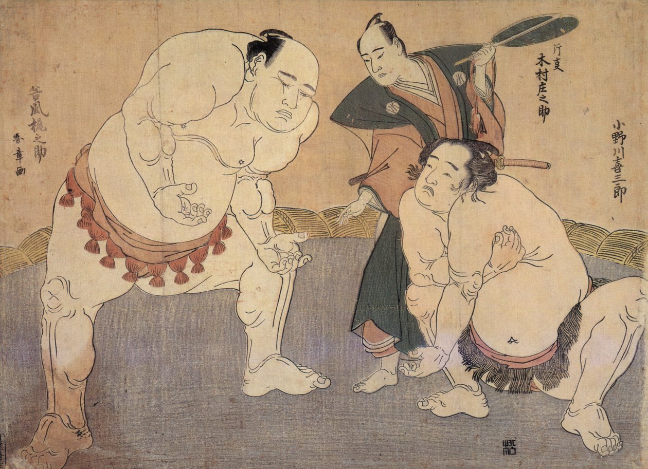 Onagawa Kisaburo und Tanikaze Kajinosuke führen den Shiriki im Dohyo auf, geleitet von Kimura Shonosuke von Katsukawa Shunsho