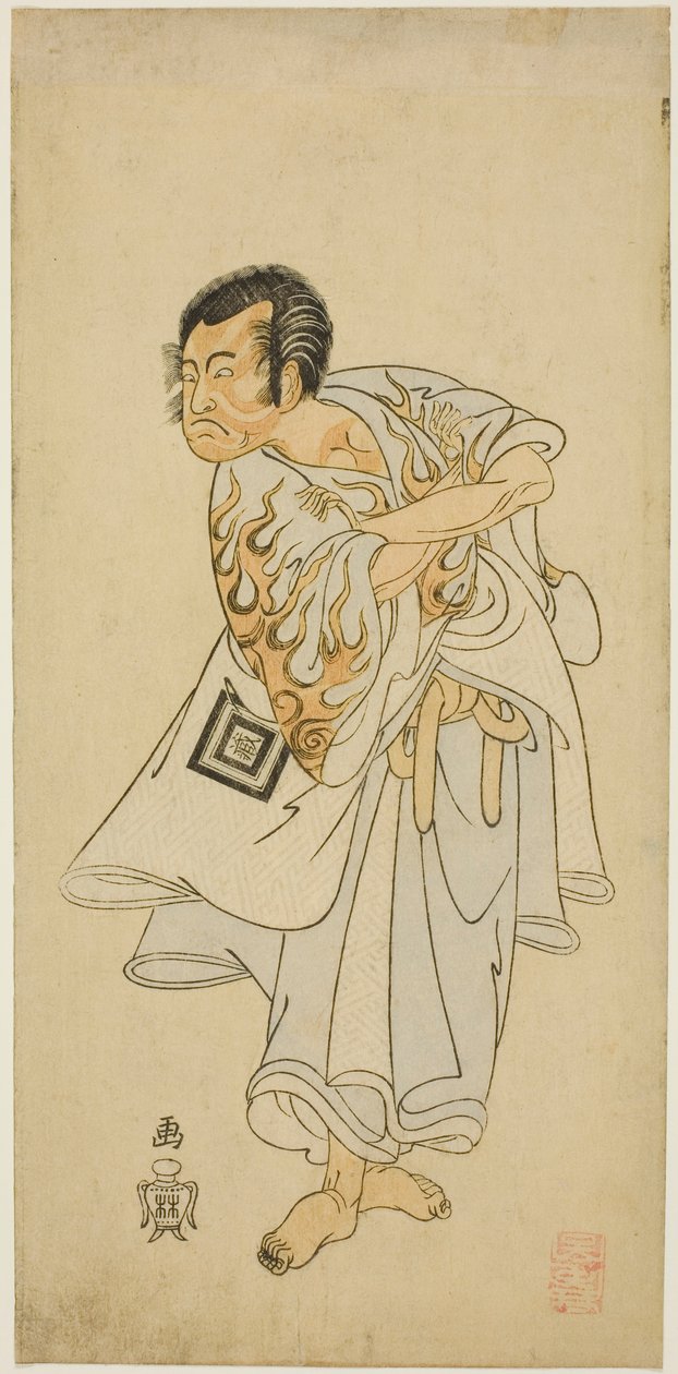 Der Schauspieler Ichikawa Danzo III als heiliger Einsiedler Narukami im Stück "Narukami", aufgeführt mit "Miyakodori Azuma Komachi (Vogel der Hauptstadt: Komachi des Ostens)" im Morita-Theater im dritten Monat, 1768 von Katsukawa Shunsho