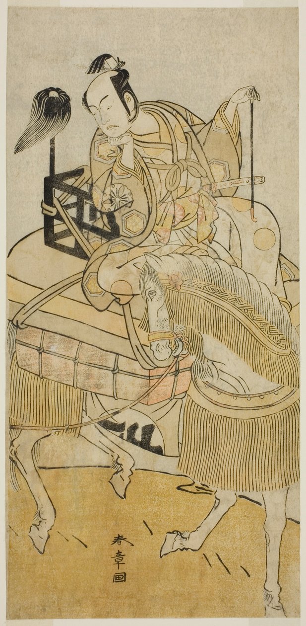 Der Schauspieler Matsumoto Koshiro IV als Ogata no Saburo verkleidet als Matsuura Saemon im Stück Ichi no Tomi Tsuki no Kaomise, aufgeführt im Morita-Theater im elften Monat, 1774 von Katsukawa Shunsho