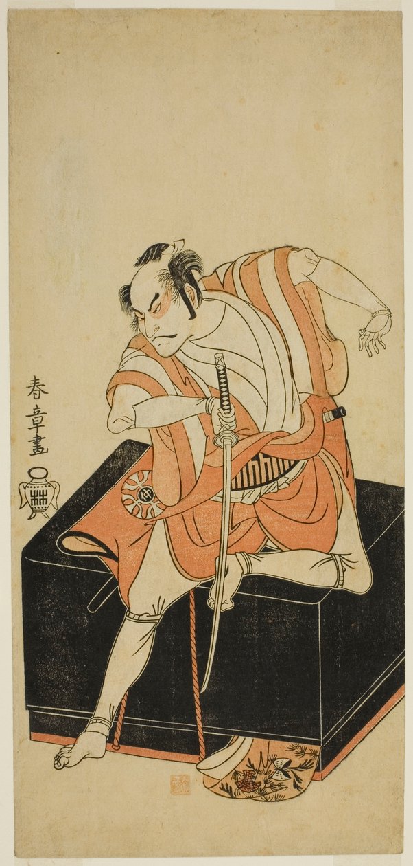 Der Schauspieler Nakamura Nakazo I als Izu no Jiro verkleidet als Kemmaku no Sabu im Stück Edo-zakura Sono Omokage, aufgeführt im Nakamura-Theater im fünften Monat, 1769 von Katsukawa Shunsho