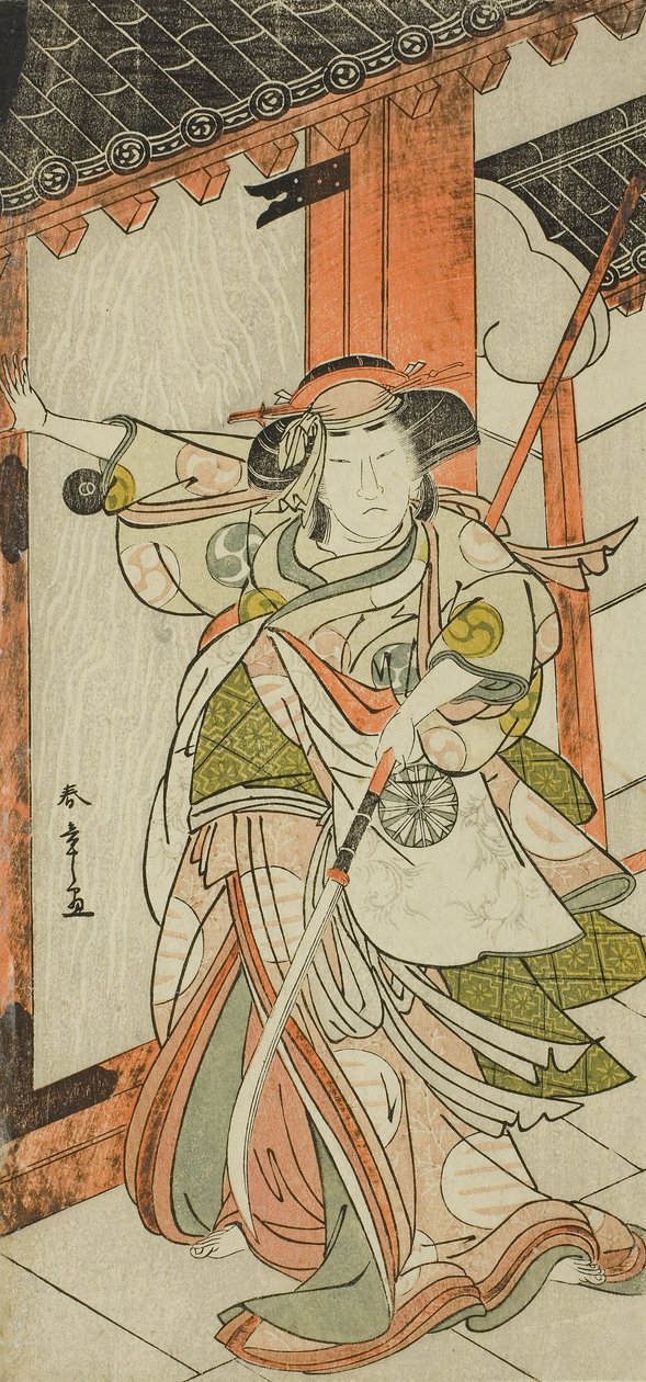 Der Schauspieler Nakamura Tomijuro I als Hangaku Gozen, der das Tor im Stück Wada-gassen Onna Maizuru (Der Wada-Konflikt: Ein Maizuru einer Frau) durchbricht, aufgeführt im Nakamura-Theater ab dem fünfundzwanzigsten Tag des siebten Monats von Katsukawa Shunsho